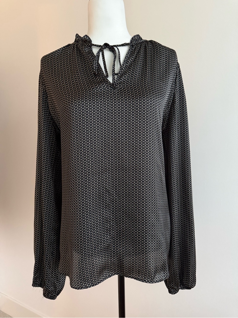 Black Geo-Print Tie-Neck Long-Sleeve Blouse